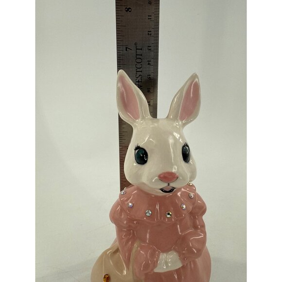 White Ceramic Bunny Anthropomorphic Figurine With Pink Dress Rhinestone‎ Accents - Picture 6 of 6